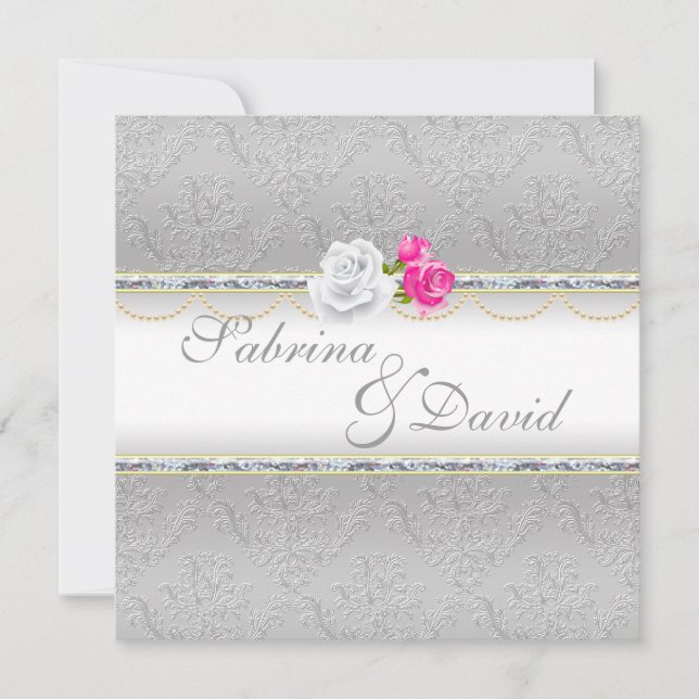 Convite Casamento Elegante Silver Damask e Rosa Rosa Rosa (Frente)