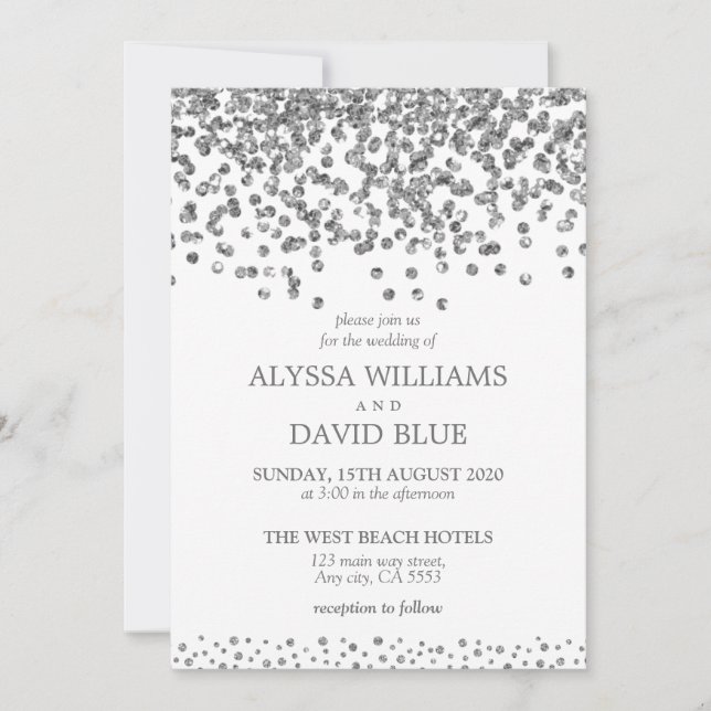 Convite Casamento Elegante Silver Faux Foil Confetti (Frente)