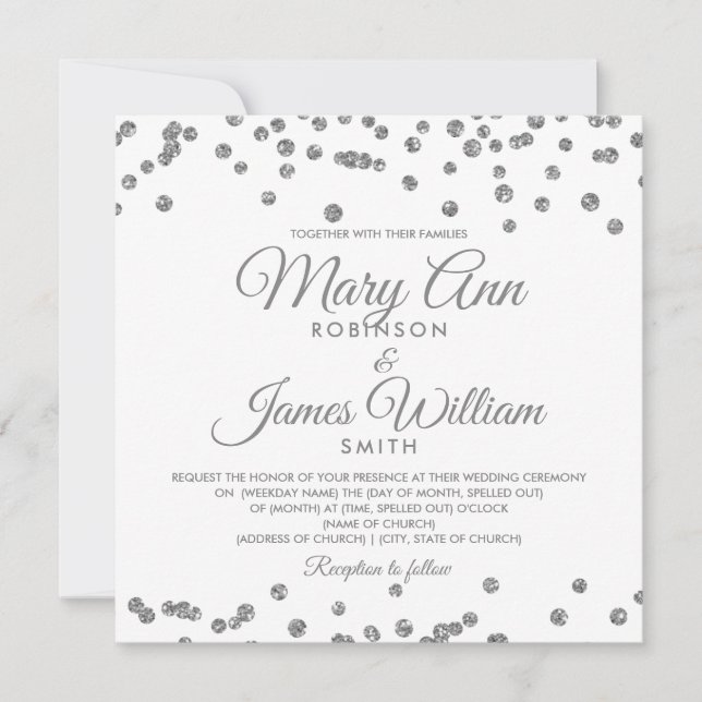 Convite Casamento Elegante Silver Faux Glitter Confetti (Frente)