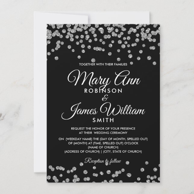 Convite Casamento Elegante Silver Faux Glitter Confetti Pr (Frente)