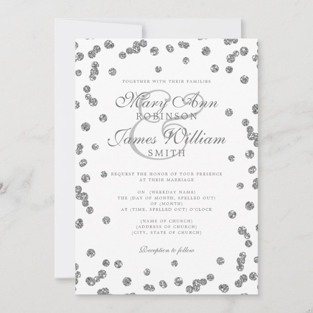 Convite Casamento Elegante Silver Glitter Confetti (Frente)