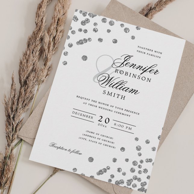 Convite Casamento Elegante Silver Glitter Confetti (Elegant Script Wedding Silver Glitter Confetti Invitation)