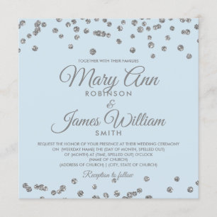 Convite Casamento Elegante Silver Glitter Confetti Azul de