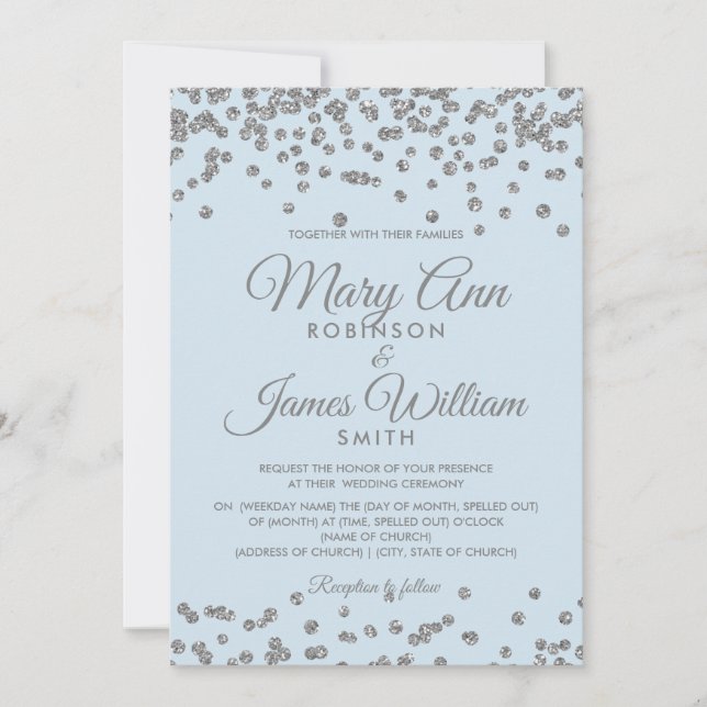 Convite Casamento Elegante Silver Glitter Confetti Azul de (Frente)