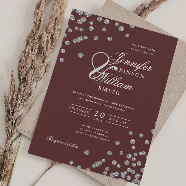 Convite Casamento Elegante Silver Glitter Confetti Burgund (Elegant Wedding Silver Glitter Confetti Burgundy Invitation)