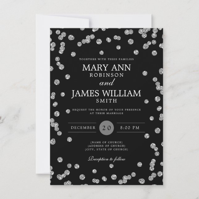 Convite Casamento Elegante Silver Glitter Confetti Preto (Frente)