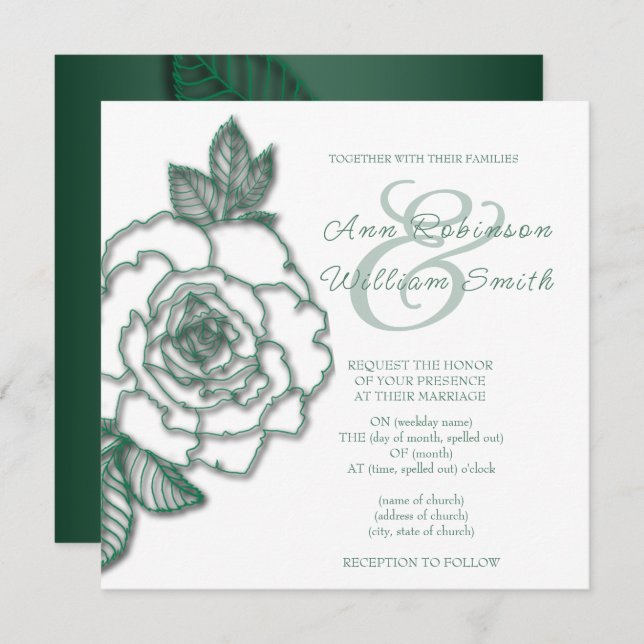 Convite Casamento Elegante Silver Verde Emerald (Frente/Verso)
