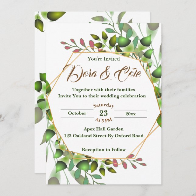 Convite Casamento Elegante Simple Watercolor Greenery (Frente/Verso)