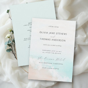 Convite Casamento Elegante Simples Aquarela Praia Tudo em 