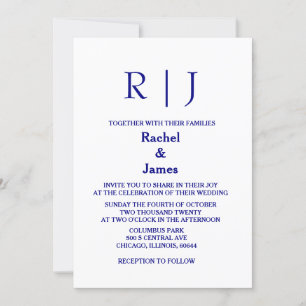 Convite Casamento Elegante Simples Mínimo de Monogramas Az