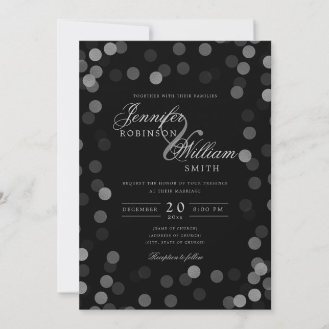Convite Casamento Elegante Simples Prata Confetti Preto (Frente)