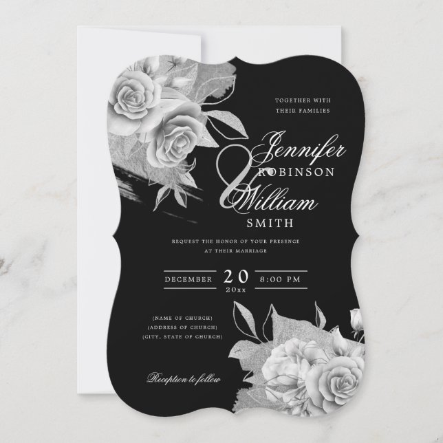 Convite Casamento Elegante Simples Silver Floral & Foil Bl (Frente)