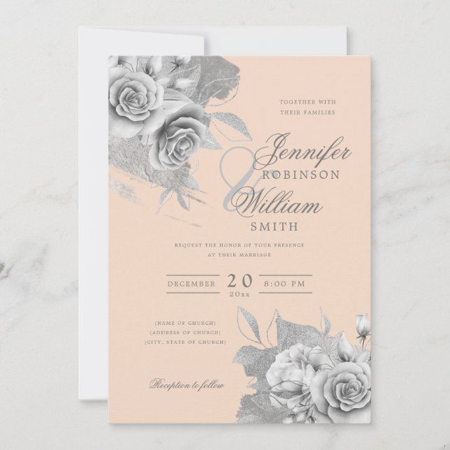 Convite Casamento Elegante Simples Silver Floral & Foil Bl (Frente)