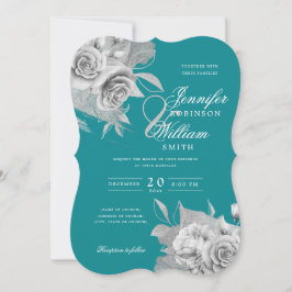 Convite Casamento Elegante Simples Silver Floral & Foil Te