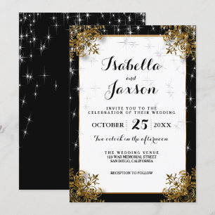 Convite Casamento Elegante sob a Noite Estrelada em Preto