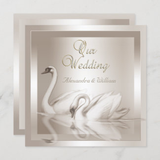 Convite Casamento elegante Swans Damask Cream White