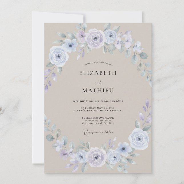 Convite Casamento Elegante Taupe com Pétala de Periwinkle (Frente)