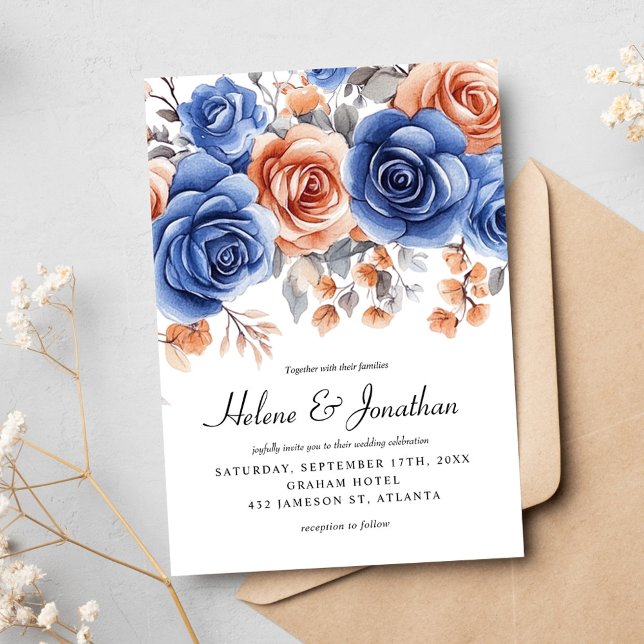 Convite Casamento Elegante Terracotta Azul Prurido Jardim  (Garden Dusty Blue Rust Terracotta Elegant Wedding Invitation)