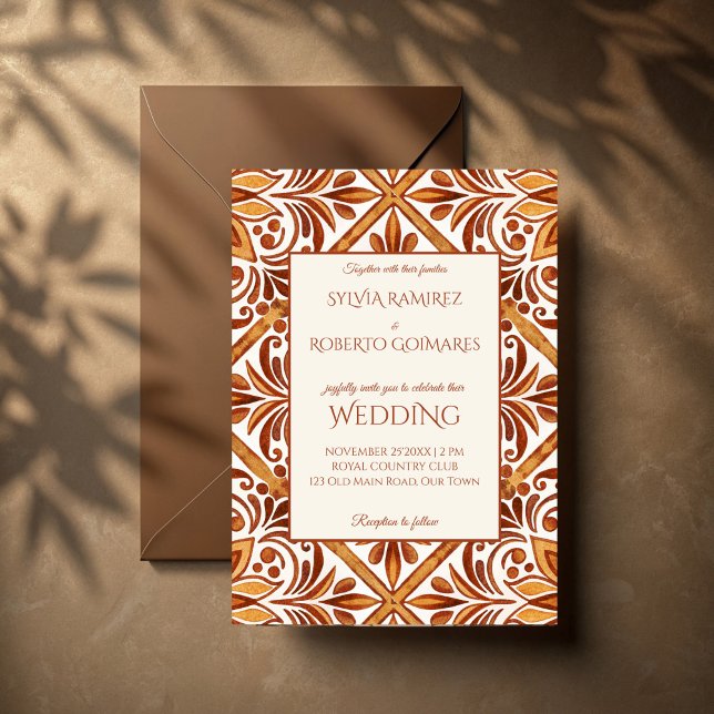Convite Casamento Elegante Terracotta Mexicano Talavera (Terracotta Mexican Talavera wedding Invitation template elegant vintage Talavera wedding invites )