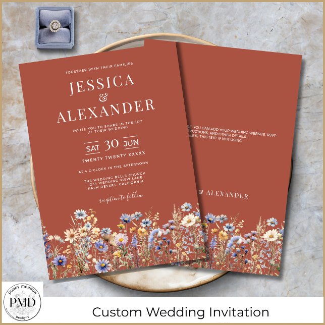 Convite Casamento Elegante Terracotta Watercolor (Elegant Terracotta Wildflowers Wedding Invitation with Dusty Blue Flowers, Details on Back.)