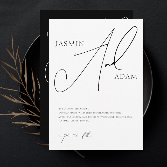 Convite Casamento Elegante Tipografia Script Preto Branco (Criador carregado)