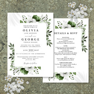 Convite Casamento Elegante Tudo Em Um com Florais Verde Ol