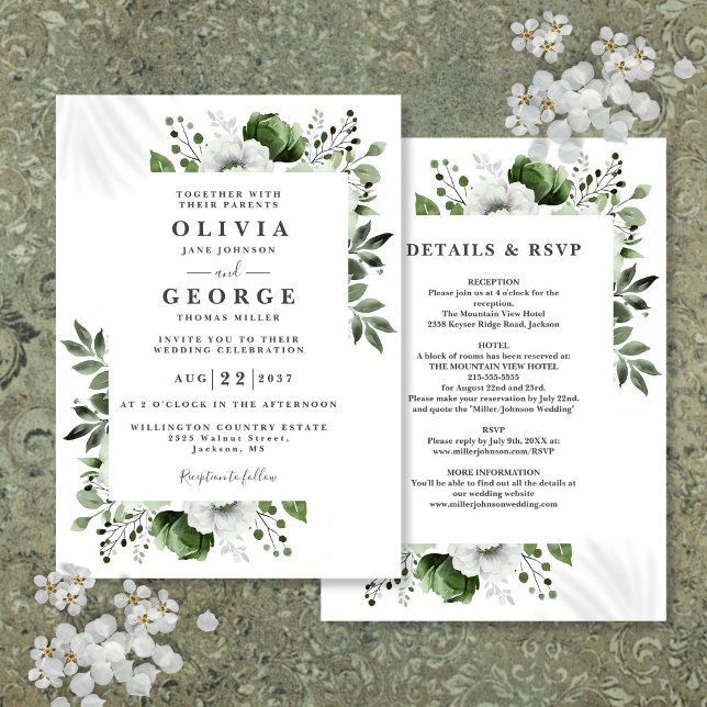 Convite Casamento Elegante Tudo Em Um com Florais Verde Ol (Olive Green Elegant Floral All In One Wedding Invitation)