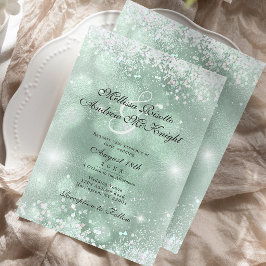 Convite Casamento Elegante Verde Claro com Brilho Prateado