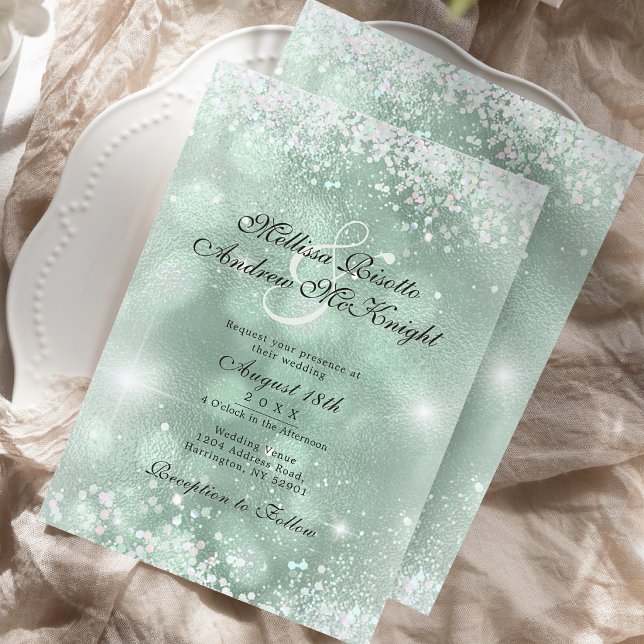 Convite Casamento Elegante Verde Claro com Brilho Prateado (Criador carregado)