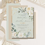 Convite Casamento Elegante Verde Dourado Sage Rosas Branca<br><div class="desc">Belíssimas rosas brancas elegantes e minúsculas margaridas cercadas com uma estrutura rústica de ouro e um verde misto de eucalipto com outras folhas de aquarela convite para casamento. Simplesmente refinado. Ouro esmaecido em frente e atrás para criar uma aparência cônica.</div>