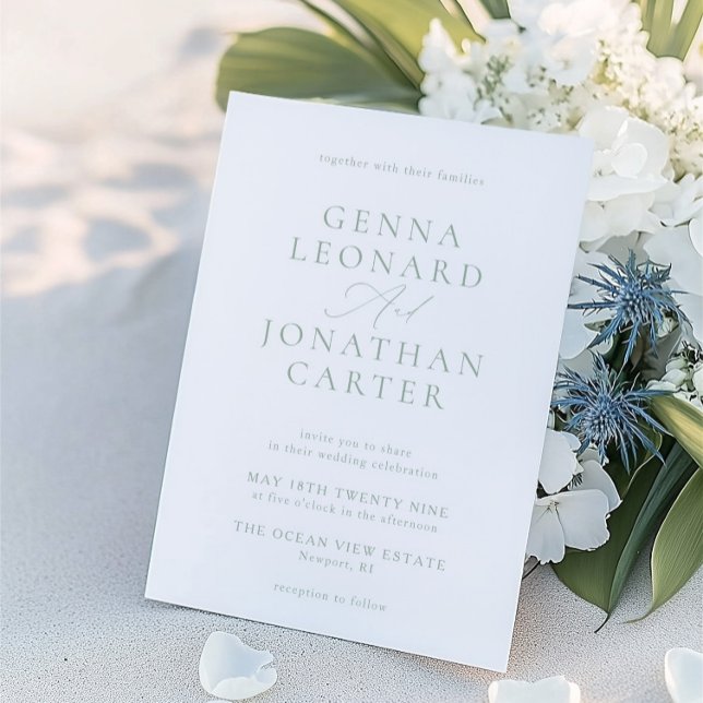 Convite Casamento Elegante Verde e Branco Simples (Simple Sage Green & White Elegant Wedding Invitation)
