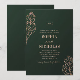 Convite Casamento elegante verde e dourado. Botânica esmer