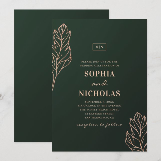 Convite Casamento elegante verde e dourado. Botânica esmer (Frente/Verso)