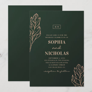 Convite Casamento elegante verde e dourado. Emerald botâni