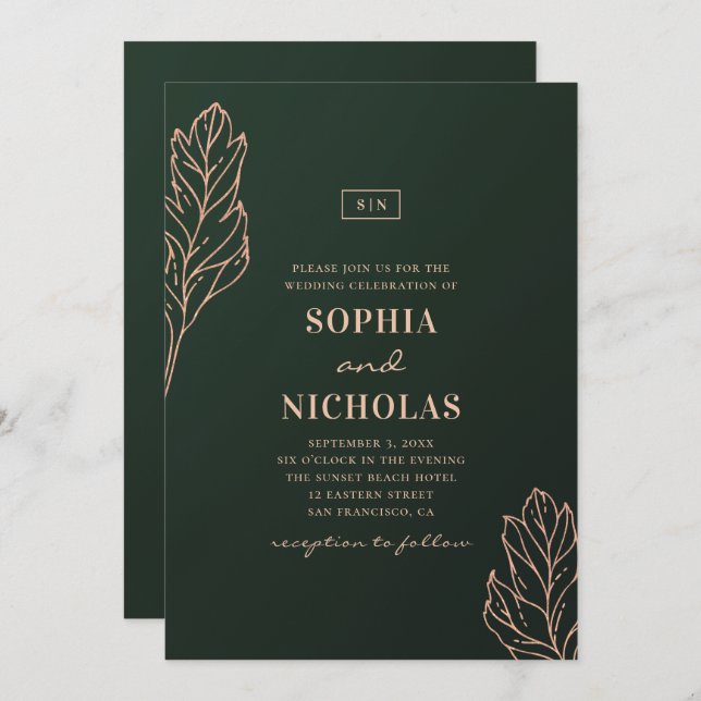 Convite Casamento elegante verde e dourado. Emerald botâni (Frente/Verso)