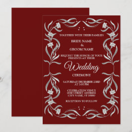 Convite Casamento Elegante Vermelho com Padrão Floral Prat