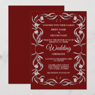Convite Casamento Elegante Vermelho com Padrão Floral Prat