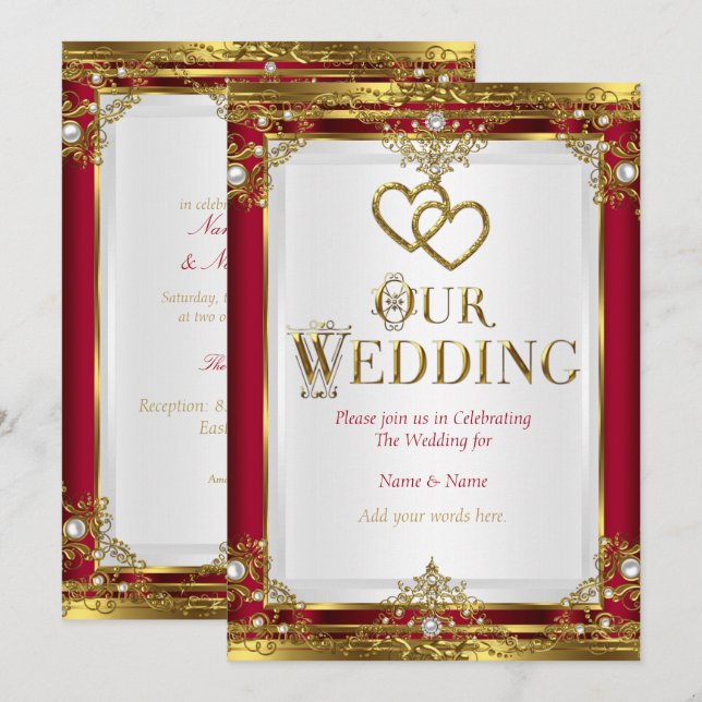 Convite Casamento Elegante Vermelho Dourado Branco Ouro (Frente/Verso)
