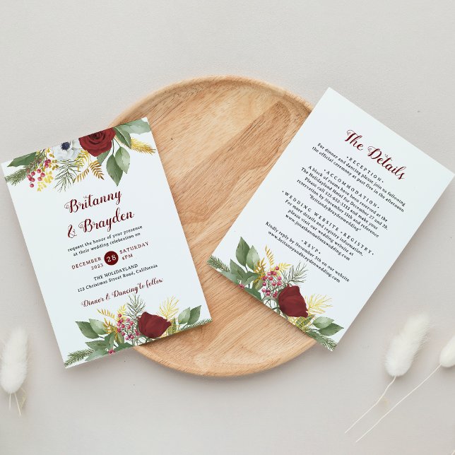 Convite Casamento Elegante Vermelho Dourado Floral Script  (Criador carregado)