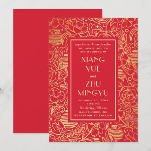Convite Casamento Elegante vermelho floral asiático. Chinê