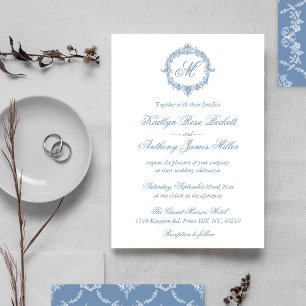 Convite Casamento Elegante Vintage Azul Toile Monograma