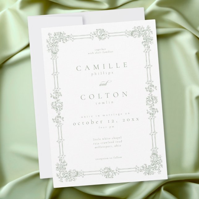 Convite Casamento Elegante Vintage Barroco em Verde Sage (Elegant Vintage Baroque Sage Green Wedding Invitation)