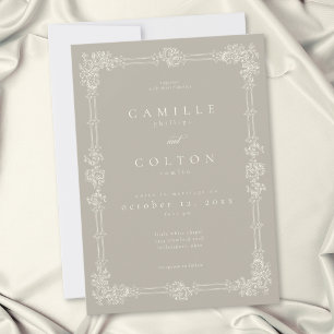 Convite Casamento Elegante Vintage Barroco Neutro Bege Mar