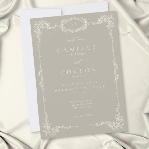 Convite Casamento Elegante Vintage Barroco Neutro Bege Mar