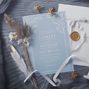 Convite Casamento Elegante Vintage Branco e Azul com Códig
