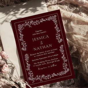 Convite Casamento Elegante Vintage Burgundy Escuro e Branc