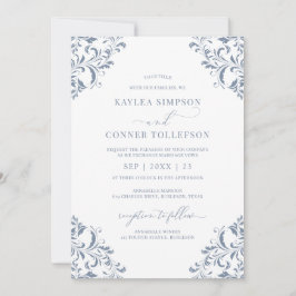 Convite Casamento Elegante Vintage Caligrafia Azul Empoeir