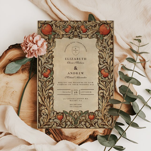 Convite Casamento Elegante Vintage com Romã (Criador carregado)