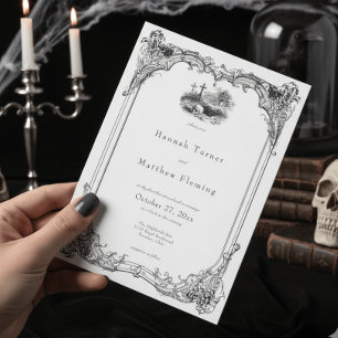 Convite Casamento Elegante Vintage Gótico Preto Toile Cave