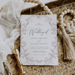 Convite Casamento Elegante Vintage Rococó em Arte Linear